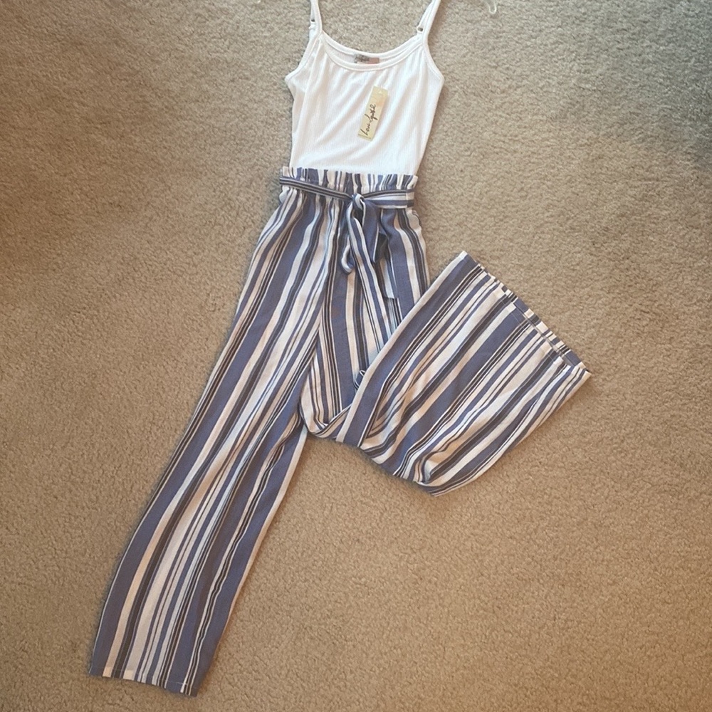 NWT Size Medium Love Squared one-piece romper- black, white & blue w/ tie waist